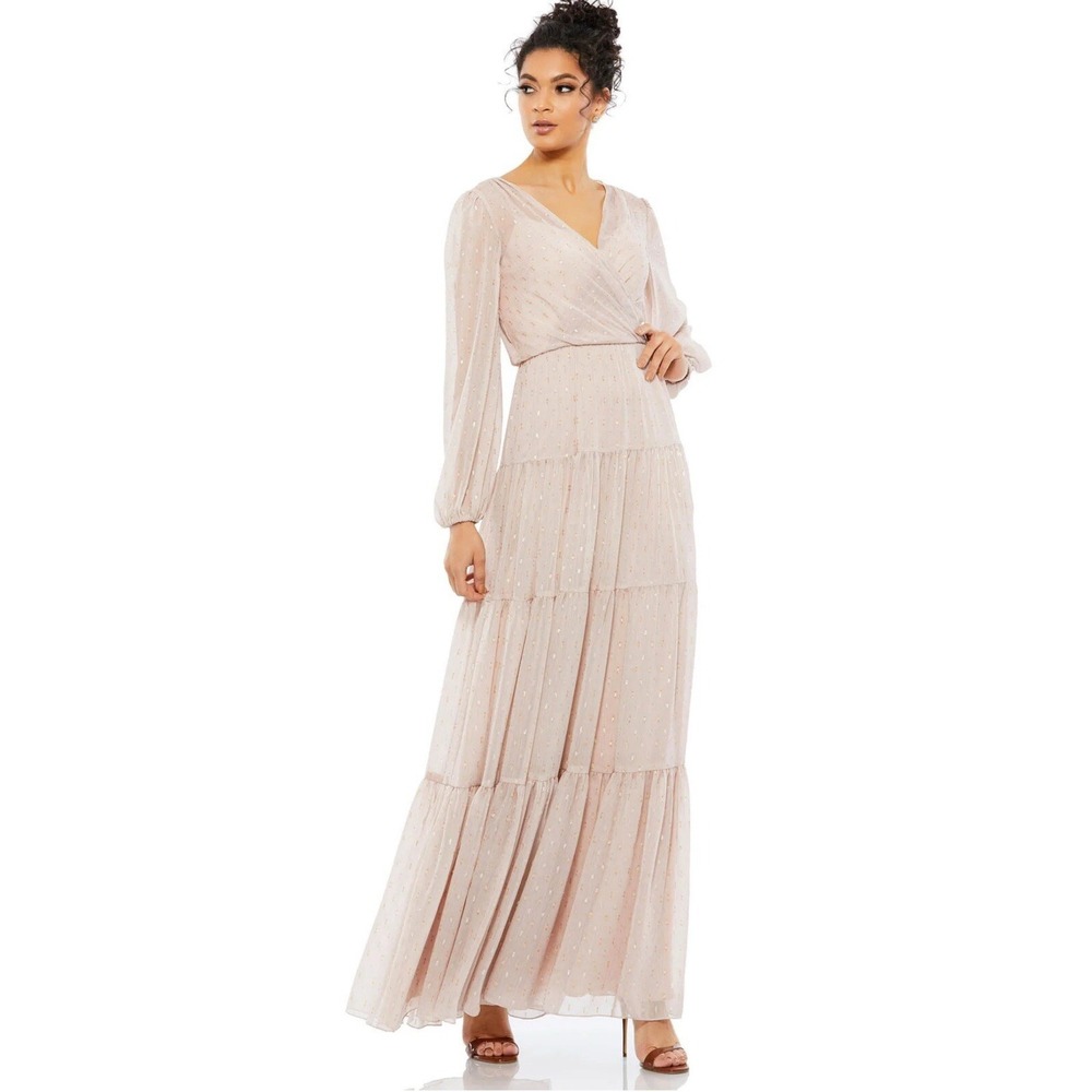 Mac Duggal Blush Pink Tiered Long Sleeve Maxi Wedding Dress